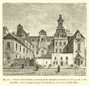 Oud hotel Fieubet, gebouwd door H Mansart en gerestaureerd in 1857 door M A de Lavalette, gelegen op de hoek van quai des Celestins en rue du Petit-Musc