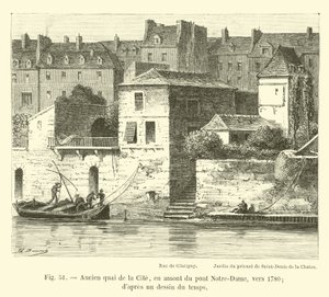 Oude kade van de Cite, stroomopwaarts van de Notre-Dame brug, rond 1780; naar een tekening uit die tijd