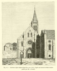 Oude kerk Sainte-Genevieve rond 1516, naar een tekening van Saint-Aulaire gepubliceerd door M A Lenoir door French School