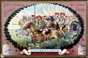 Oud Griekenland: Thessalië in de oudheid. Thessalische cavalerieaanval tegen de Romeinen. Liebig chromolithografie uit het einde van de 19e eeuw. door French School