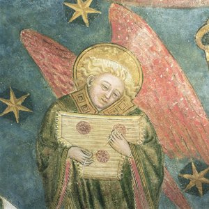 Engel muzikant die een psalterium speelt (detail) door French School