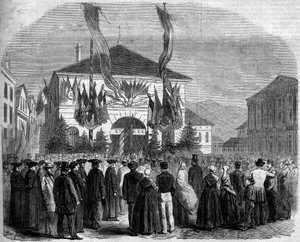 Annexatie van Savoye bij Frankrijk, Chambery, 22 april 1860: stemming van de bevolking over de aansluiting van Savoye bij Frankrijk. Gravure in 