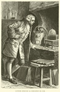 Antoine Lavoisier ontdekt de samenstelling van lucht (gravure) door French School