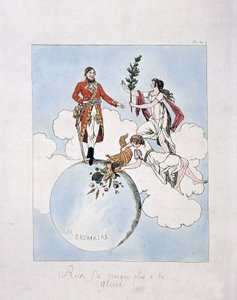 Apotheose van Napoleon-Bonaparte tijdens de staatsgreep van 18 brumaire jaar VIII (9.11.1799). (nimfen presenteren hem laurier en hoorn des overvloeds) door French School