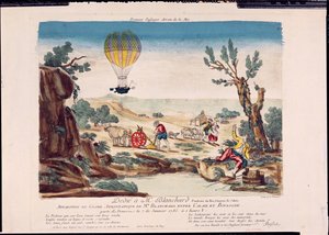 Verschijning van de heteluchtballon van Jean Pierre Blanchard (1753-1809) tussen Calais en Boulogne, 1785 door French School