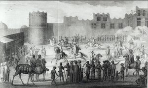 Arabische Strijders die oefenen in Jemen, uit Beschrijving van Arabië gemaakt op basis van eigen observaties en adviezen verzameld ter plaatse door Carsten Niebuhr, gepubliceerd 1774