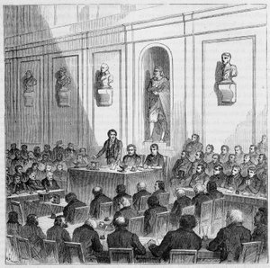 Arago kondigt de ontdekking van Daguerre aan, in de openbare zitting van de Academie van Wetenschappen van 10 augustus door French School