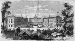 Architectuur: algemeen zicht op het militair hospitaal van Vincennes (1858). Gravure in "Le Monde Illustré" nr. 61 van 12 juni 1858. door French School
