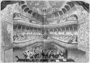 Architectuur: interieur van het theater (18e eeuw) van het paleis van Fontainebleau. Gravure in "Le Monde Illustré" nr. 61 van 12 juni 1858. door French School