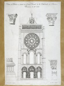 Architectuur: uitzicht op het grote portaal van de Kathedraal van Chartres - Monument uit de 12e eeuw, plaat uit de 19e eeuw door French School