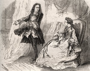 Armande Bejart (1641-1700), vrouw van Jean Baptiste Poquelin genaamd Moliere (1622-1673) met haar minnaar, de graaf van Guiche, Gravure uit 1871 in 