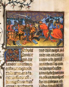 Armee vechter. Miniatuur uit het manuscript van Francesco Petrarca of Petrarch (1304-1374) Italiaanse geleerde, dichter en humanist, De Viris Illustribus, 23rv. Universiteitsbibliotheek van Valencia. door French School