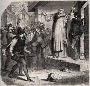 Arnaud du Tilh (Thil) is vastgebonden aan een galg en onderworpen aan de beledigingen van de menigte voor zijn executie wegens het usurperen van de identiteit van Martin Guerre (circa 1524 rond 1560). Gravure uit 1871 in 