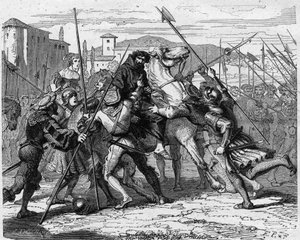 Arrestatie van Ludovic Marie Sforza genaamd de More (Ludovico Maria Sforza detto il Moro) (1452-1508) in Milaan in 1500 verraden door Zwitserse huurlingen, hij viel in handen van het Franse leger. Gravure in "Histoire De France En Cent Peintures" door Paul door French School