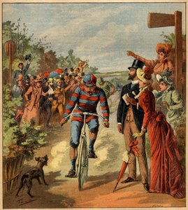 Aankomst van een wielerwedstrijd op het Franse platteland. Gravure in 