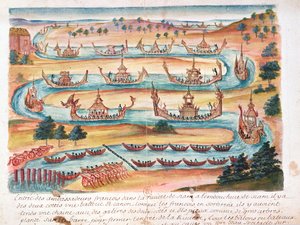 Aankomst van de Franse ambassadeurs in Siam, uit een verslag van de Jezuïeten in Siam, 1688