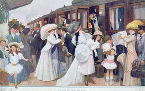 Aankomst van de echtgenoten per trein, 1908 door French School