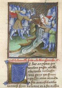 Middeleeuwse soldaten vechtend, over een rivier, uit Chroniques d