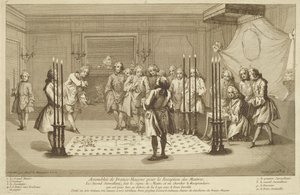 Vergadering van Vrijmetselaars voor de initiatie van een meester, uit De Ceremonies van Religie en Gewoonte c.1733