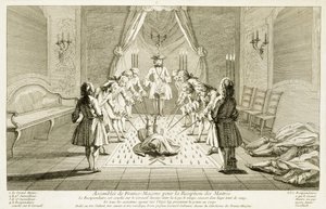 Vergadering van Vrijmetselaars voor de initiatie van een meester, uit De Ceremonies van Religie en Gewoonte, c.1733