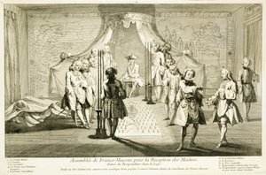 Vergadering van Vrijmetselaars voor de initiatie van een meester, de binnenkomst van de kandidaat in de loge, uit De Ceremonies van Religie en Gewoonte, c.1733