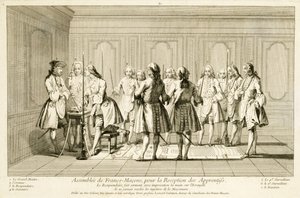 Vergadering van Vrijmetselaars om een leerling te initiëren, uit De Ceremonies van Religie en Gewoonte, c.1733 door French School