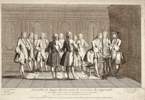 Vergadering van vrijmetselaars voor de ontvangst van leerlingen (gravure) door French School