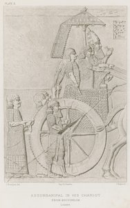 Assurbanipal in zijn wagen, van Kouyundjik, Louvre door French School