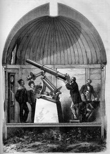 Astronomie: Franse astronomische kijker getransporteerd naar Yokohama (Japan) om de planeet Venus voorbij de zon te observeren. Gravure in 
