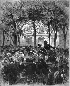 Aanslag op de Duitse keizer Wilhelm II (1797-1888), Berlijn, 2 juni 1878: de keizer werd gewond door een schot van de Duitse anarchist Karl Nobiling. Gravure in 