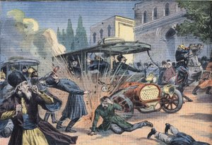Aanval op de sjah van Perzië Mohammad Ali Shah Qajar (1872-1925). Gravure uit de krant "Le Petit Parisien"