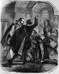 Poging tot moord op Jean Chastel (Jean Chatel) (1575-1594) op de koning van Frankrijk Hendrik IV op 27 december 1594. Gravure uit de 19e eeuw.