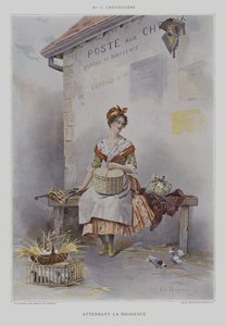 Attendant la Diligence (Wachten op de Postkoets) (kleurenlitho) door French School