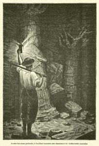 In de diepe mijnen, de mijnwerker ontmoet met verbazing de oude begraven bossen (gravure) door French School