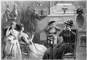 Auditie van de Theatrophone in de lounge van een groot hotel in Parijs in 1892 door French School