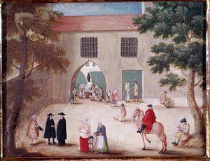 Aumônes in de binnenplaats van de abdij van Port Royal des Champs Uitzicht op de binnenplaats van Port-Royal-des-Champs. Anoniem schilderij van de Franse school door French School
