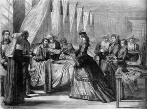 Oostenrijks-Pruisische Oorlog (1866): Keizerin Elisabeth van Oostenrijk (Sissi) (1837-1898) bezoekt gewonde soldaten in Wenen. Gravure in 