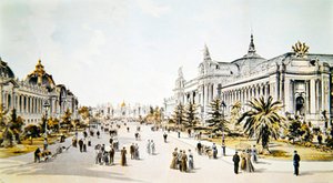 Avenue Nicholas II met het Grand Palais en het Petit Palais tijdens de Exposition Universelle in Parijs, illustratie uit 