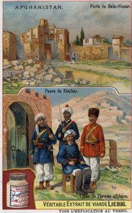 Bala-Hissar Poort in Afghanistan en soldaten van het Afghaanse leger bij de Khaiber-pas. Reclamechromolithografie uit de 19e eeuw. door French School
