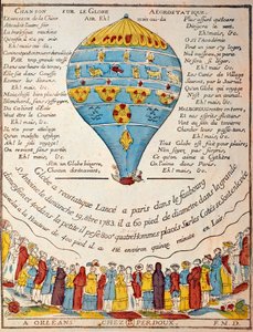Ballonvlucht: ervaring van de gebroeders Montgolfier op 19 oktober 1783 in de tuin van Monsieur Reveillon, faubourg Saint Antoine in Parijs. Tijdperk gravure. Parijs, B.N.