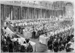 Banket georganiseerd op 14 augustus 1859 door Napoleon III in de Staatszaal van het Denon-paviljoen in het Louvre (Parijs) ter ere van de soldaten van het Italiaanse leger na hun overwinning bij het Risorgimento in 1859. Gravure in Le Monde Illustré nr. 12 door French School