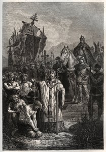 Doop van de heidense Saksische leider Widukind onder druk van keizer Karel de Grote - Karel de Grote dwingt de Saksen tot de doop - Bekering van Widukind voor Karel de Grote in 785 - gravure uit 