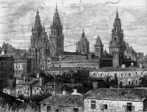 Barokkunst: zicht op de kathedraal van Santiago de Compostela. Spanje. Gravure in 