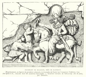 Bas-reliëf nabij Kazerun, Iran, dat de overwinning van de Sassanidische koning Shapur I op de Romeinse keizer Valerianus bij de Slag bij Edessa in 260 afbeeldt (gravure) door French School