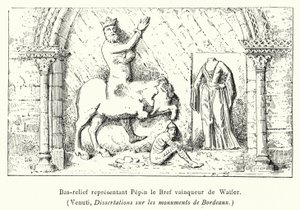 Bas-reliëf dat Pepijn de Korte als overwinnaar van Waifer voorstelt (gravure)