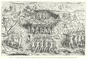 Slag tegen de Iroquois; naar een gravure uit de reizen van de heer de Champlain, Xaintongeois, Parijs door French School