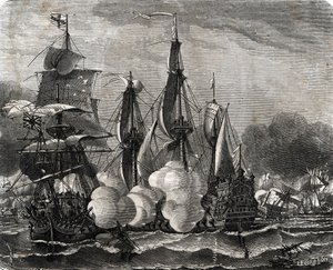 Slag bij Bantry Bay, zeeslag gevochten op 11 mei 1689, een week voor de verklaring van de Negenjarige Oorlog (gravure) door French School