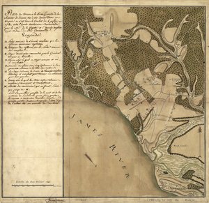 Slag bij Green Spring, Kaart van het Land aan de Linkeroever van de James River tegenover Jamestown in Virginia waar de Slag van 6 Juli Plaatsvond door French School