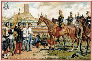 Slag bij Solferino: Overwinning bij de Slag bij Solferino tegen de Oostenrijkers in 1859 - Forey divisie. Liebig Chromolithografie door French School