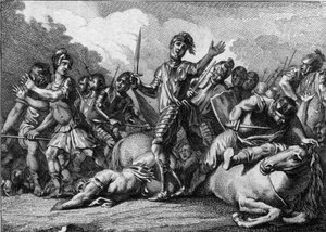 Slag bij Tolbiac, 496: Clovis I (466-511), koning van de Franken, vraagt God om hulp om de Germaanse stam van de Alemannen te verslaan. Gravure uit de 18e eeuw door French School